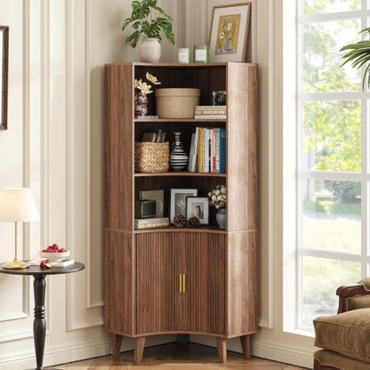 Tall Corner Cabinet with Fluted Doors - Walnut Oak-1 5-Tier Storage