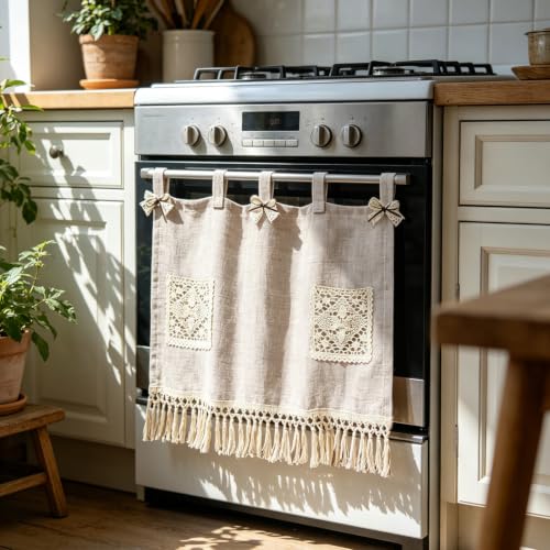 Boho Linen Oven Curtain with Crochet Storage Pocket - Beige, 30x24 Inches
