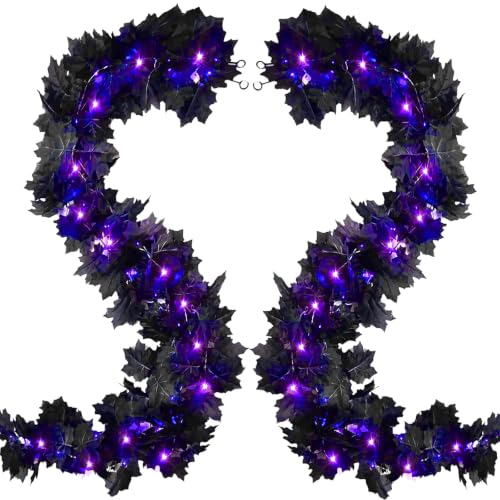 Black Maple Leaf Garland with Purple LED String Lights - Halloween Decor