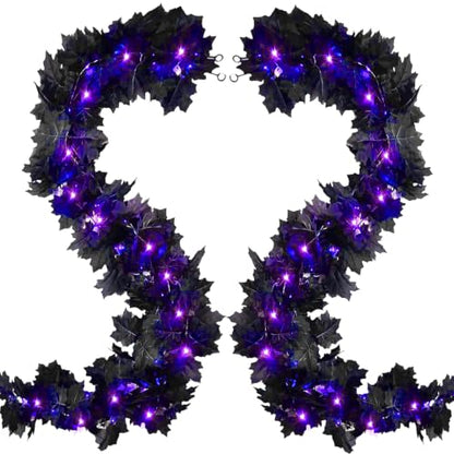 Black Maple Leaf Garland with Purple LED String Lights - Halloween Decor