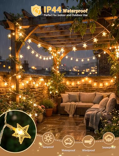 19FT 50 LED Warm White Star String Lights - Battery & USB Powered, Remote Control, Waterproof