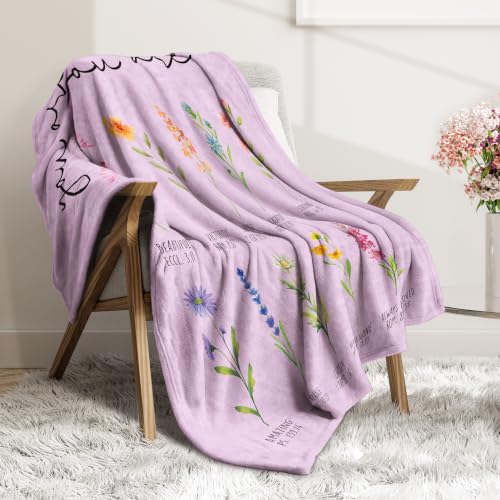 Christian Blanket for Women - Floral Design & Uplifting Scripture, 50x60 Inches, Purple