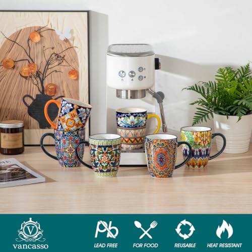 12 oz Coffee Mugs Set of 6 - Ceramic Boho Style Drinkware with Handle