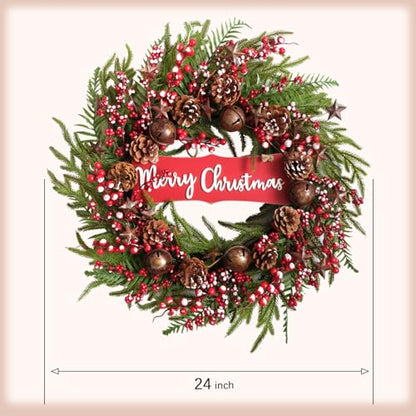 24 Inch Artificial Christmas Wreath Winter Front Door Decor with Pine Cones & Bells
