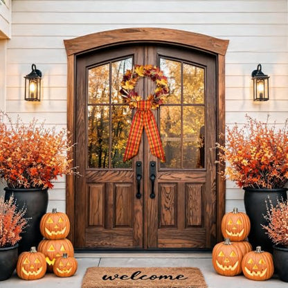 Fall Wreath Ribbon Sash Set - Red Autumn Harvest Buffalo Plaid 2 Pcs