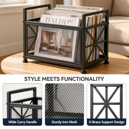 Large Black Metal Magazine Holder - Floor Standing Mesh Storage Basket - Office & Home Organization - Variation: Metallic Black / Large