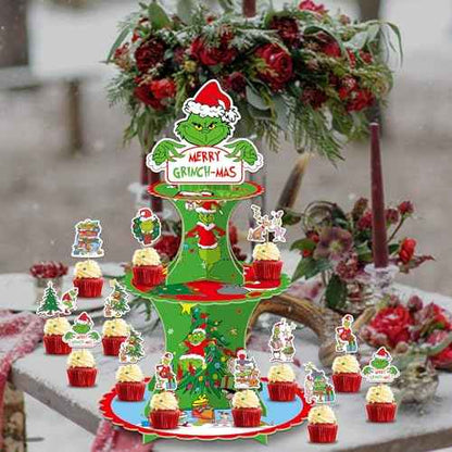 Grinee 3-Tier Cupcake Stand with 12pcs Toppers - Christmas Cupcake Holder & Decorations for Parties