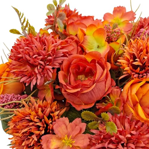 Fall Artificial Flower Bouquet Set - Burnt Orange Peony & Chrysanthemum Decor, 2 Bundles