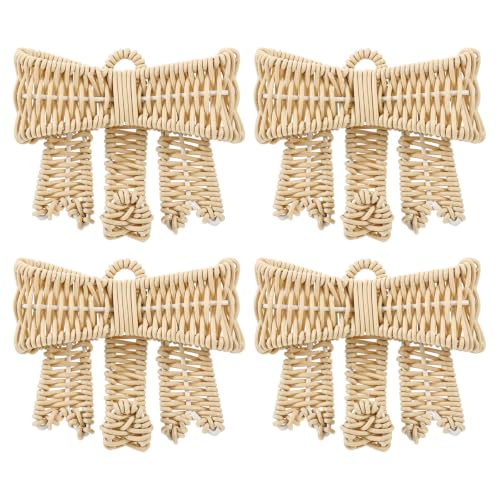 4 Pack Handwoven Rattan Bow Wall Hooks - Boho Decorative Wall Hangings