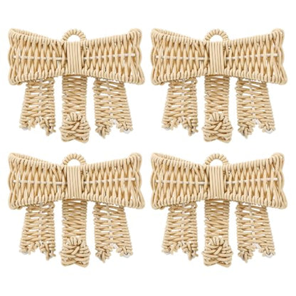 4 Pack Handwoven Rattan Bow Wall Hooks - Boho Decorative Wall Hangings