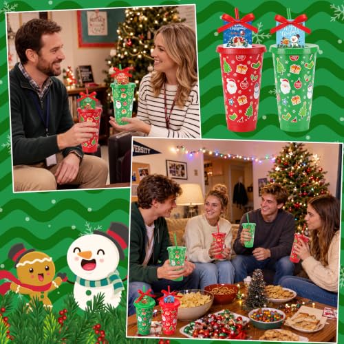Christmas Plastic Cups Set with Lids & Straws - 24 oz, Red & Green, 24 Pack