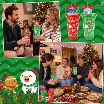 Christmas Plastic Cups Set with Lids & Straws - 24 oz, Red & Green, 24 Pack