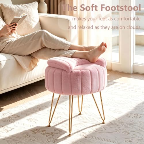 Pink Faux Fur Vanity Stool with Storage and Folding Backrest