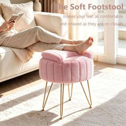 Pink Faux Fur Vanity Stool with Storage and Folding Backrest