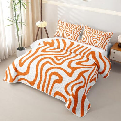 Orange White Twin Geometric Quilt Set with Pillowcase - Modern Wave Lines Bedspread