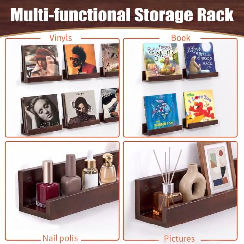 Wall Mount Vinyl Record Holder - Large Wooden Display Shelf for 8-12 LPs