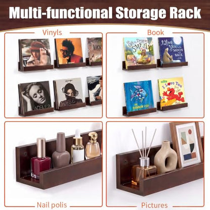 Wall Mount Vinyl Record Holder - Large Wooden Display Shelf for 8-12 LPs
