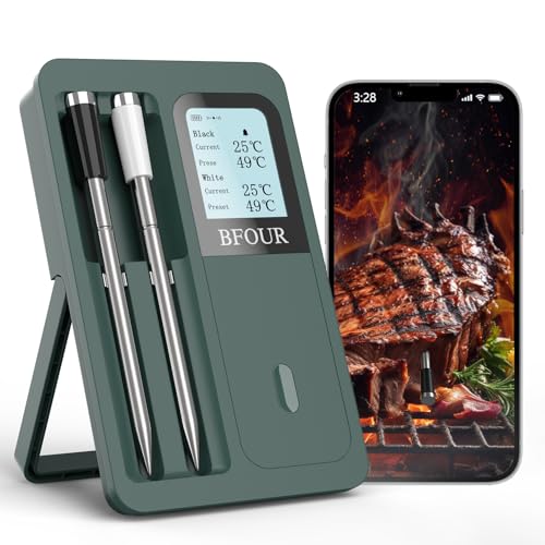 BFOUR Wireless Meat Thermometer with 2 Probes, 328FT Bluetooth Grill Meat Thermometer Digital Wireless with LCD Screen for Grilling and Smoker BBQ Oven Grill
