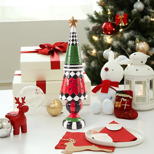 Black and White Checkered Christmas Tree Figurine Decor - Red Variation