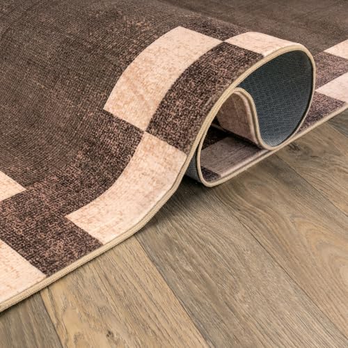 Checkerboard Border Washable Non-Slip Runner Rug 2'x10' Brown - Rectangular
