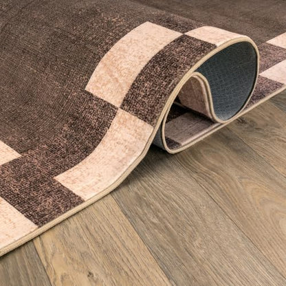Checkerboard Border Washable Non-Slip Runner Rug 2'x10' Brown - Rectangular