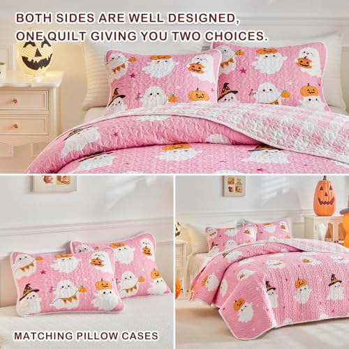 Halloween Ghost Quilt Set Queen - Pink & White Bedspread Coverlet 3-Piece