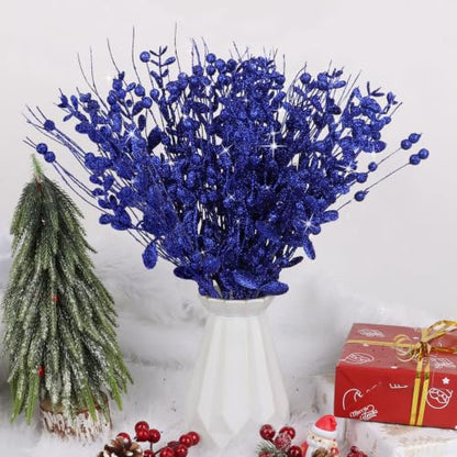 Blue Christmas Glitter Berry Picks - 18 Pack, 15.7 Inch Artificial Stem for Holiday Decor