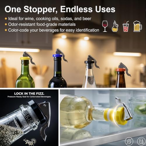 6 Pack Wine & Soda Bottle Stopper Caps with Fizz Keeper & Lever Opener - Assorted Colors