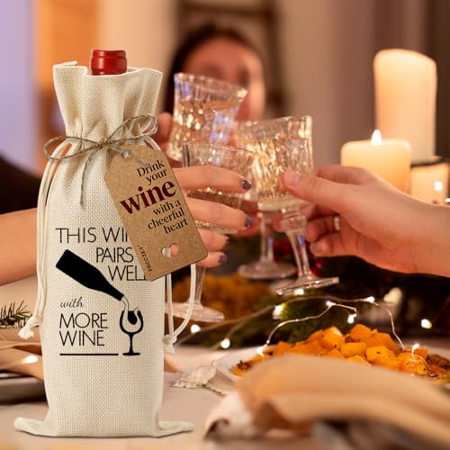 Funny Celebration Wine Gift Bag - More - Reusable Burlap Bottle Holder for Birthdays, Weddings, Anniversaries, Christmas