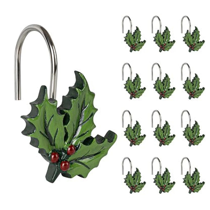 Sunlit Christmas Shower Curtain Hooks - Green Leaf Holiday Shower Rings Set of 12
