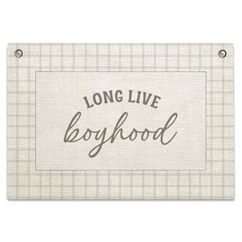 Long Live Boyhood Banner ? Boy Room Decor Linen Banner Hanging Flag Retro Pink for Nursery Playroom Wall Art Decor for Kids Bedroom Dorm Toddler Decorations (Green Plaid1)