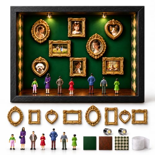 DIY Mini Museum Shadow Box Kit with Gold Frames & Figurines for Personalized Photo Display