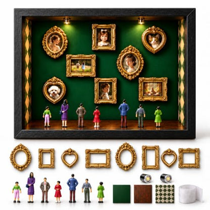 DIY Mini Museum Shadow Box Kit with Gold Frames & Figurines for Personalized Photo Display