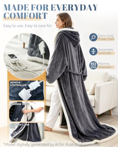 Wearable Heated Blanket with Hood and Foot Pockets - 1pcs