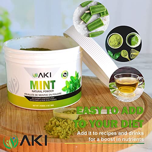 AKI Refreshing Mint Leaves Powder - Non-GMO, and Vegan Friendly | May Supports Digestion and Useful in Flavoring, Cooking, Baking, Drinks Tea, Cocktails, (3 Oz / 85g)