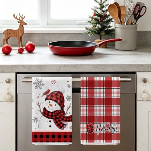 Christmas Kitchen Towels Set of 4 - Red Plaid Hand Towels for Holiday Decor - 16x23.5 Inch