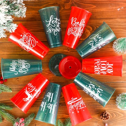 Christmas Plastic Cups with Lids & Straws - 50 Pack, 25 Oz, Reusable, Holiday Party Supplies, 10 Styles