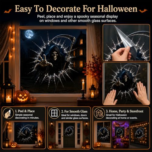 Halloween Window Decorations Cracked Glass Decals with Skull - Spooky 3D Illusion, Removable for Haunted House & Storefronts