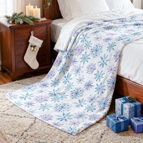 Christmas Snowflake Fuzzy Throw Blanket - Blue & Purple Watercolor Winter Decor, 50x60 Inch