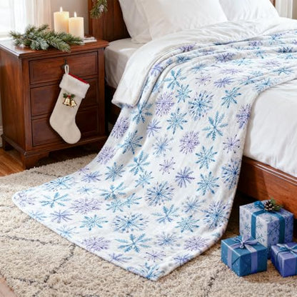 Christmas Snowflake Fuzzy Throw Blanket - Blue & Purple Watercolor Winter Decor, 50x60 Inch