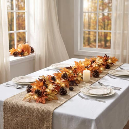 6FT Fall Garland with 30 Warm Lights, Timer, Gradient Maple Leaves - Vintage Autumn