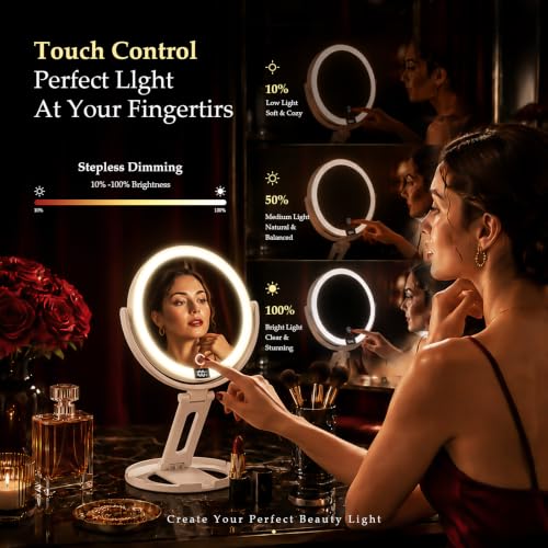 Travel Makeup Mirror with Lights - White, 1X/30X Double-Sided Magnification
