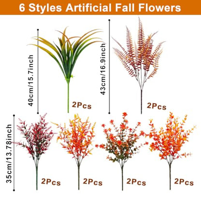 Artificial Fall Plants Flowers Set - 6 Mix Styles, UV Resistant Outdoor Faux Flowers for Porch & Garden