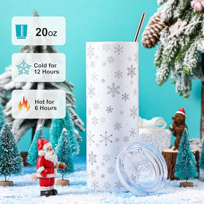 Snowflake Tumbler with Lid & Straw - 20 oz Stainless Steel, White - Geiserailie