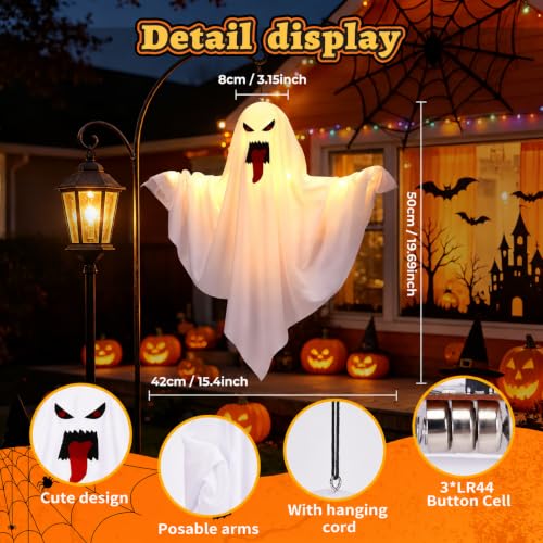 Halloween Outdoor Indoor Hanging Ghost Decorations - 4 Pack with Warm Light & DIY Arms