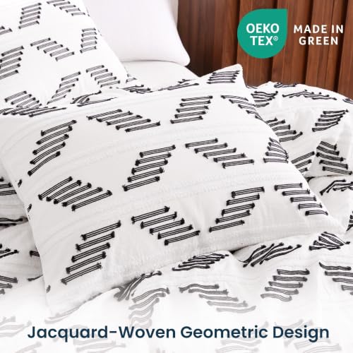 King Duvet Cover Set with Tufted Boho Cotton Blend - Black White Variation