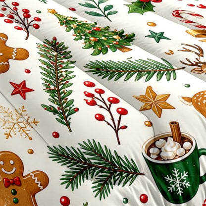 Christmas Queen Comforter Set for Girls - Holiday Tree Bedding, White & Green, Queen Size