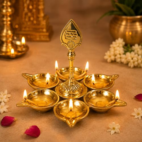 Brass Murugan Vel Kuber Diya with 6 Wicks - Traditional Oil Lamp for Puja & Temples