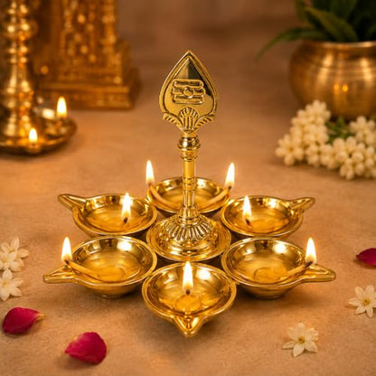 Brass Murugan Vel Kuber Diya with 6 Wicks - Traditional Oil Lamp for Puja & Temples