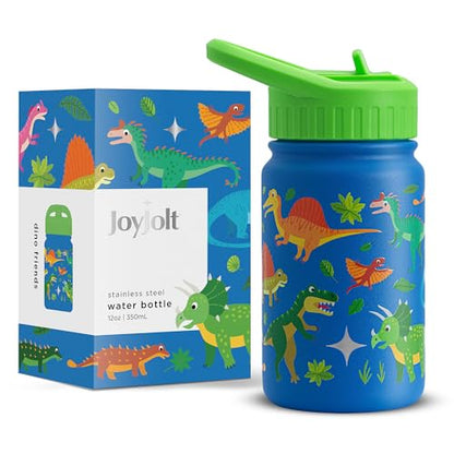 JoyJolt Kids Water Bottle with Straw Lid, 12oz Small Stainless Steel Reusable Tumbler for Toddlers, Girls, Boys, or Teen, Vacuum Insulated Water Bottle for School, Travel, and Outdoors, Leakproof